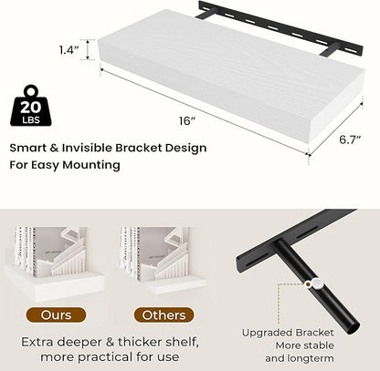 Dreamland 16 Inch Long Floating Shelves in White,6.7 Inch Deep Floating Shelf for Wall,Large Display & Storage Shelf, Wall Sh