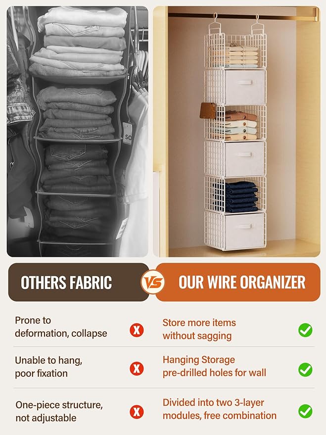 Closet Hanging Organizer with Drawers, 6 Tier Metal Closet Organizers and Storage with 4 Hanging Hooks 4 S-Hooks for Wardrobe
