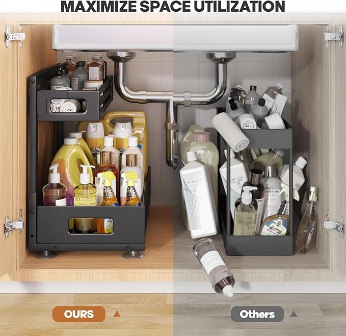 2 Pack 17IN-Depth Under Sink Organizer,Pull Out Cabinet Organizer With Smooth Cylindrical Rail,Metal Slide Out Drawer for Kit