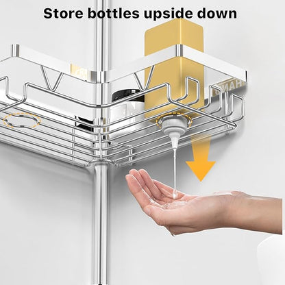 KEGII Corner Shower Caddy Tension Pole - Chrome 4-Tier Adjustable Shower Tension Rod Organizer with Hooks & Soap Holders, 25-