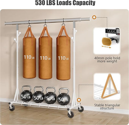 Gewudraw Heavy Duty Clothes Rack, 530 lbs Load Capacity Metal Garment Rack on Wheels - Collapsible Adjustable Portable Storag