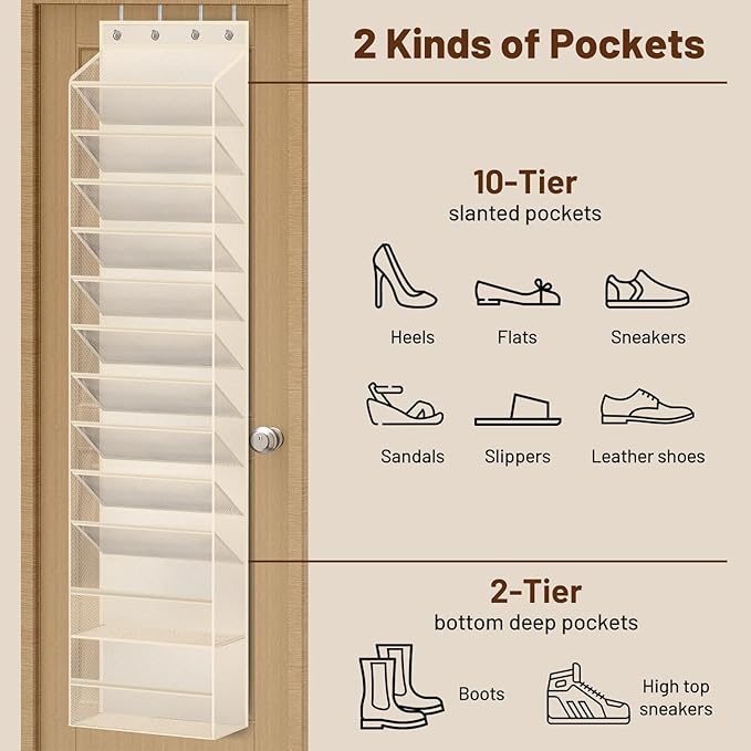 MISSLO 12 Tier Over the Door Shoe Organizer Breathable Mesh Hanging Shoe Rack for Closet Storage Shoe Holder for Door Fit 24 