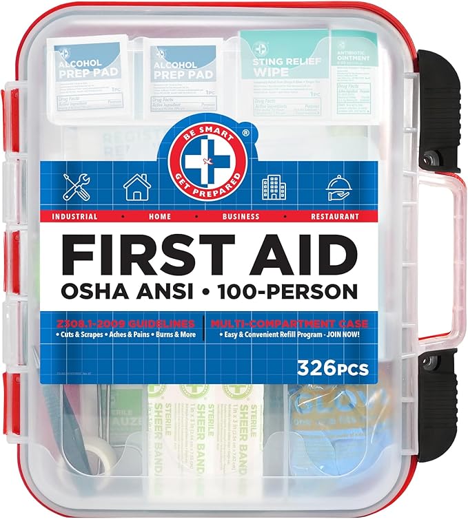 Be Smart Get Prepared First Aid Kit Hard Red Case 326 Pieces Exceeds OSHA and ANSI Guidelines 100 People - Office, Home, Car,