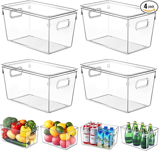 4 Pack Plastic Storage Bins with Lids, Clear Stackable Organizer with Handle, Kitchen Pantry Organizers and Storage, Perfect 