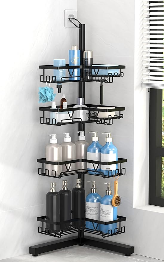 KEGII Floor Shower Caddy Standing – 4-Tier Corner Shower Organizer with Hooks & Soap Holder, Free-Standing Bathroom Storage R