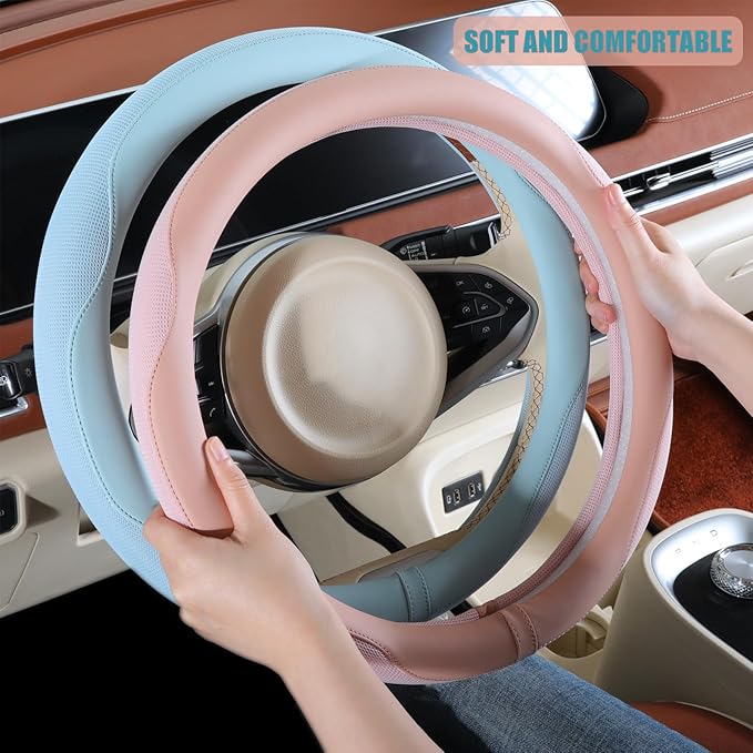 14 inch D Shaped Steering Wheel Cover for Prius Civic, Nappa Microfiber Leather Non-Slip Breathable Fabric, Warm in Winter an