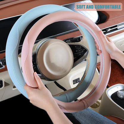 14 inch D Shaped Steering Wheel Cover for Prius Civic, Nappa Microfiber Leather Non-Slip Breathable Fabric, Warm in Winter an