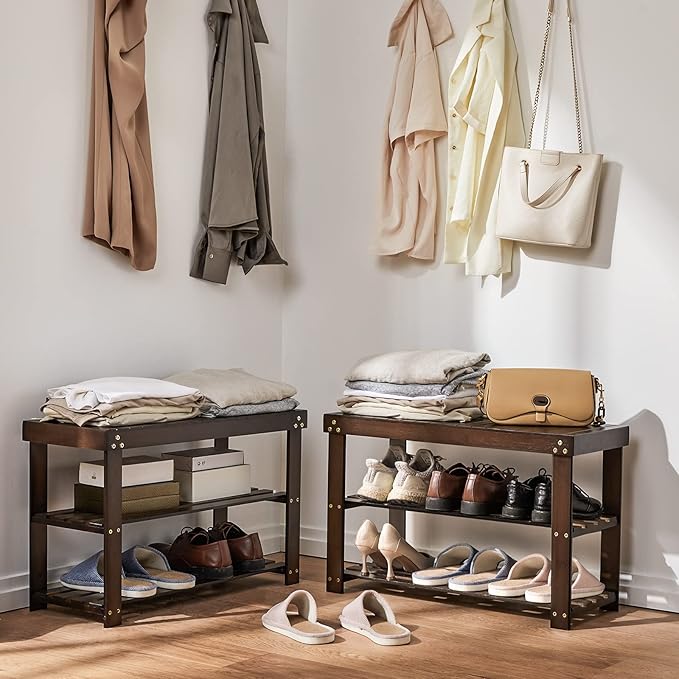 Pipishell Bamboo Shoe Rack Bench, 3 Tier Sturdy Shoe Bench, Storage Shoe Organizer, Holds up to 300lbs for Entryway Bedroom L