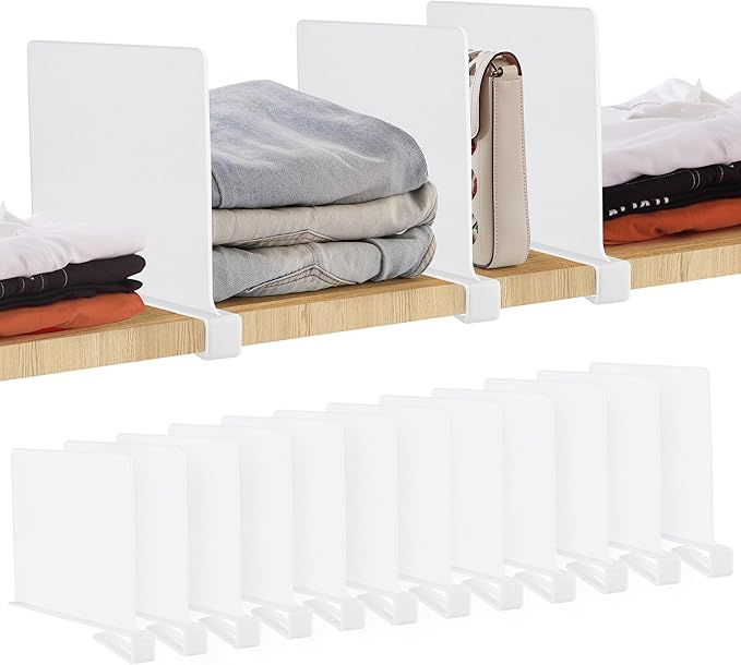 JOY DECOR 12 Pack Acrylic White Shelf Dividers for Closets Organizer and Storage Adjustable Vertical Wood Shelf Closet Separa