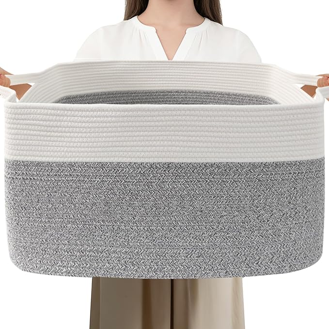 96L Large Blanket Basket,24"x16"x15"Rectangle Storage Bin with Handles,Woven Rope Laundry Basket for Toys, Clothes,Magazines,