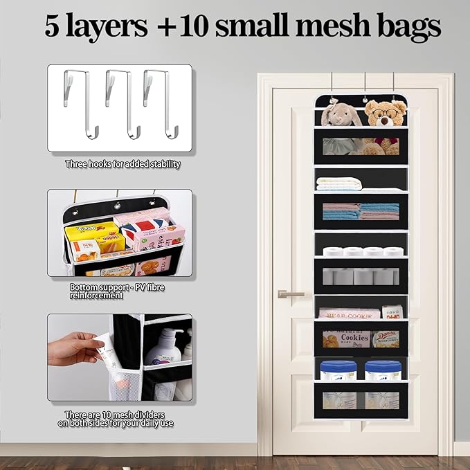 KYEVIS Over The Door Organizer, 5 Shelves Closet Door Hanging Organizer with 10 Mesh Pockets, Nursery Closet Organizers, Baby