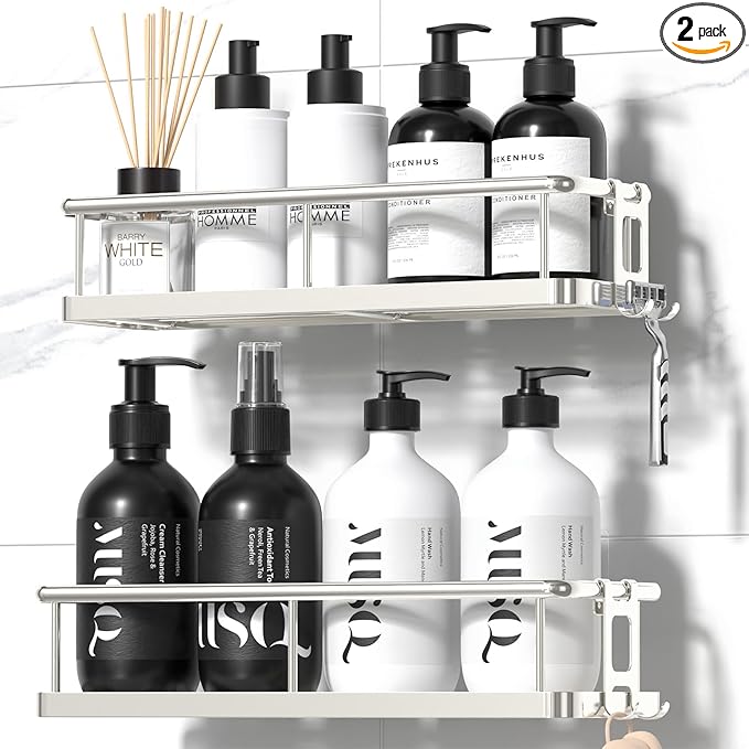 YASONIC Shower Caddy Adhesive, No Drill Bathroom Shower Organizers, with Removable Hooks, Rust Proof Shower Shelves, Wall-Mou
