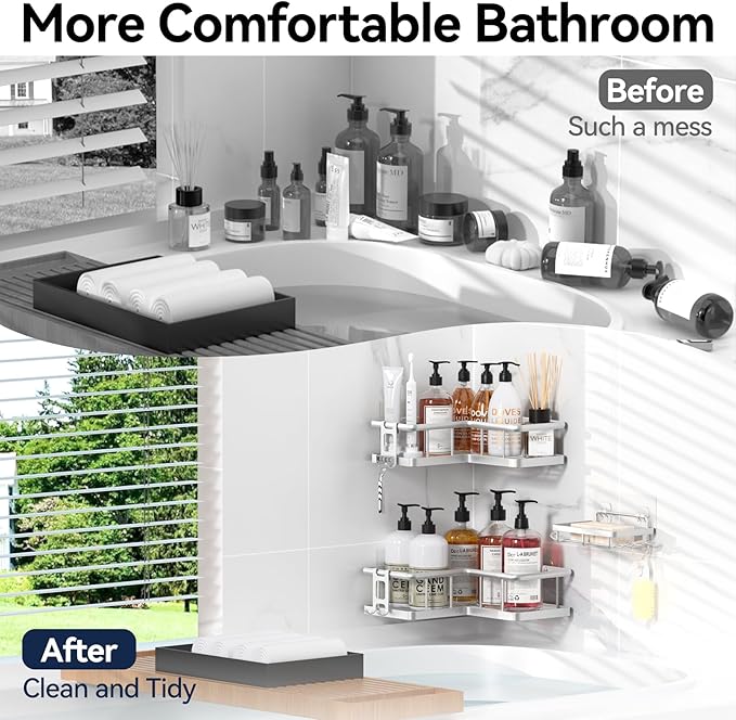YASONIC Corner Shower Caddy Organizer, Self-Adhesive Rustproof Bath Shelves with Soap Holder & 4 Hooks, Large Capacity Shower