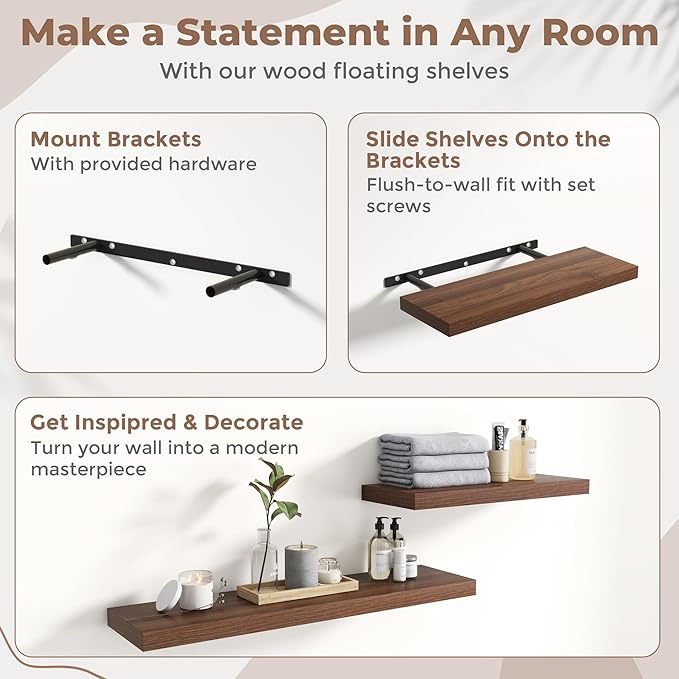 32 Inch Floating Shelves for Wall Set of 2, 8"D Wood Grain Bathroom Shelves with Invisible Brackets, Easy Install Engineered 