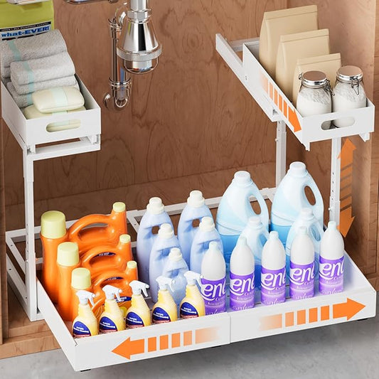 Upgrade 1 Pack Expandable Under Sink Organizers and Storage, 2 Tier Metal Pull Out Cabinet Organizer with 3 Slide Rails, Adju