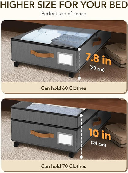 Under Bed Storage with Wheels, 10 inches Under Bed Storage Containers, 65L XXL Large Adjustable Underbed with Lids, Rolling U