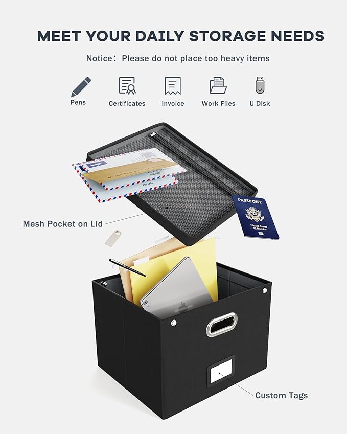 2 Pack File Organizer Box with Lid, Large Hanging Filing Box with Mesh Pocket, Document Organizer for Letter Files, Portable 