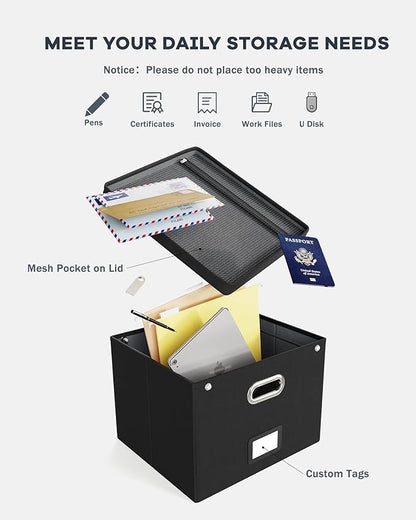 2 Pack File Organizer Box with Lid, Large Hanging Filing Box with Mesh Pocket, Document Organizer for Letter Files, Portable 