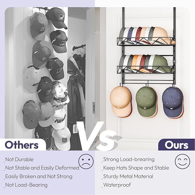 SWTYMIKI Over Door Hat Organizer - 3 Tier Wall Mounted Hat Rack with 2 Adjustable Metal Basket and 3 Hooks, Hanging Baseball 