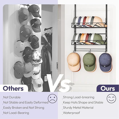 SWTYMIKI Over Door Hat Organizer - 3 Tier Wall Mounted Hat Rack with 2 Adjustable Metal Basket and 3 Hooks, Hanging Baseball 