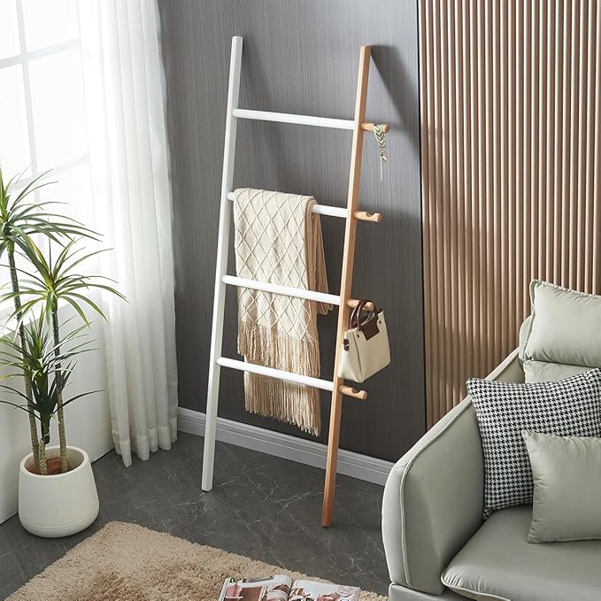 5-Tier Blanket Ladder Wooden, Multifunctional Ladder Stand, Rustic Farmhouse Ladder Shelf for Living Room Bedroom Bathroom Ho