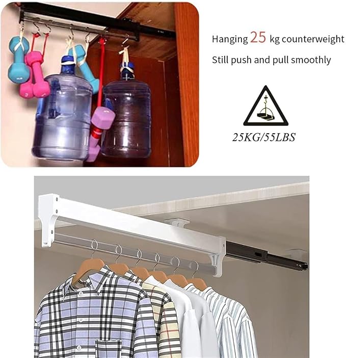 Pull Out Clothes Rail Extendable Pull Out Closet Rod - Wardrobe Pull-Out Trousers Rack, 30-60Cm Extendable Pull-Out Clothes R
