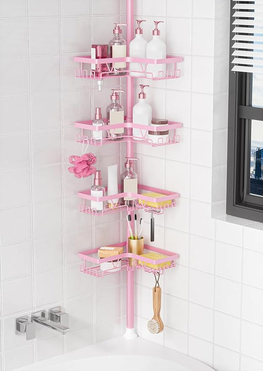 KEGII Shower Caddy Tension Pole, 4-Tier Rustproof Adjustable Corner Bathroom Organizer for Renters, 25–114.2 Inch No Drill Sp