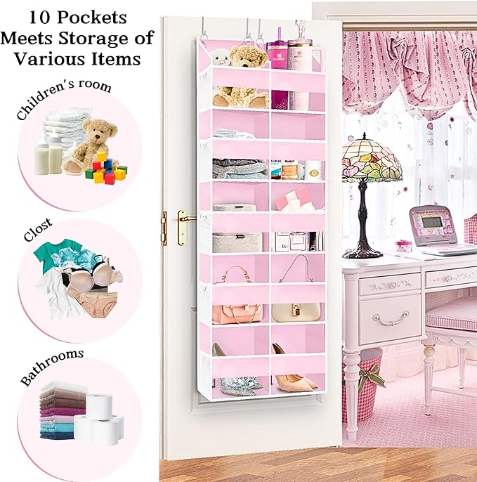 Ofiray-home Pink Over The Door Organizer 5 Tiers, Extra Large Behind Door Storage of 10 Compartments, 50 lbs Weight Capacity 