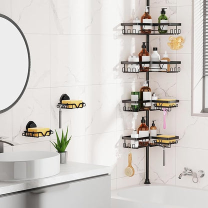 KEGII Shower Caddy Corner Tension Pole with 2 Suction Cup Soap Dishes, Rustproof 4-Tier Adjustable Bathroom Organizer, No-Dri