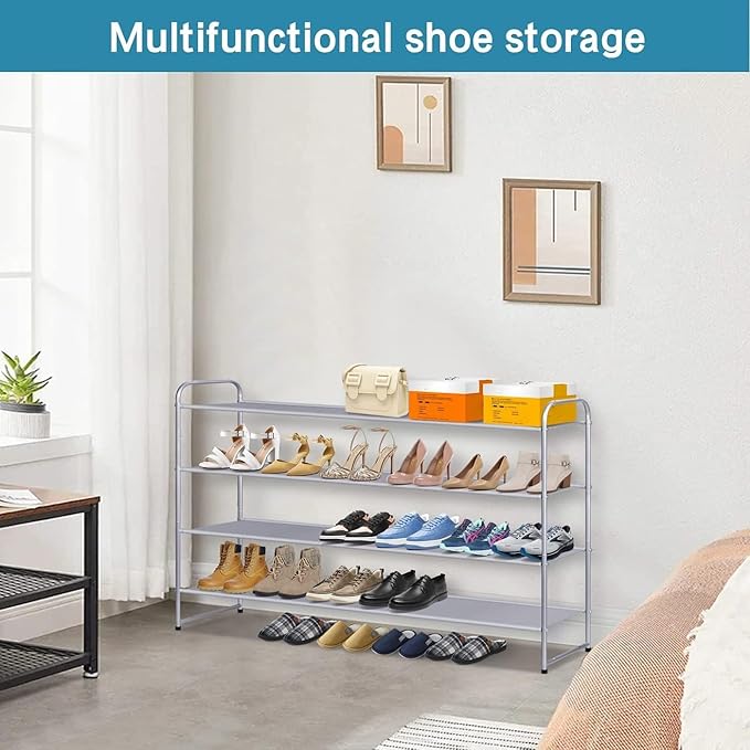 KIMBORA Long Shoe Rack for Closet, 30 Pairs Stackable Shoe Storage Organizer Wide 4 Tier Sneaker Shelf for Bedroom Floor (Gre