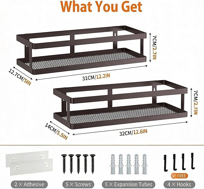 PUSDON 2-Pack Minimalist Shower Caddy Wall Mount, Open Frame Bathroom Shelf Organizer with Mesh Base, Rustproof Floating Spic
