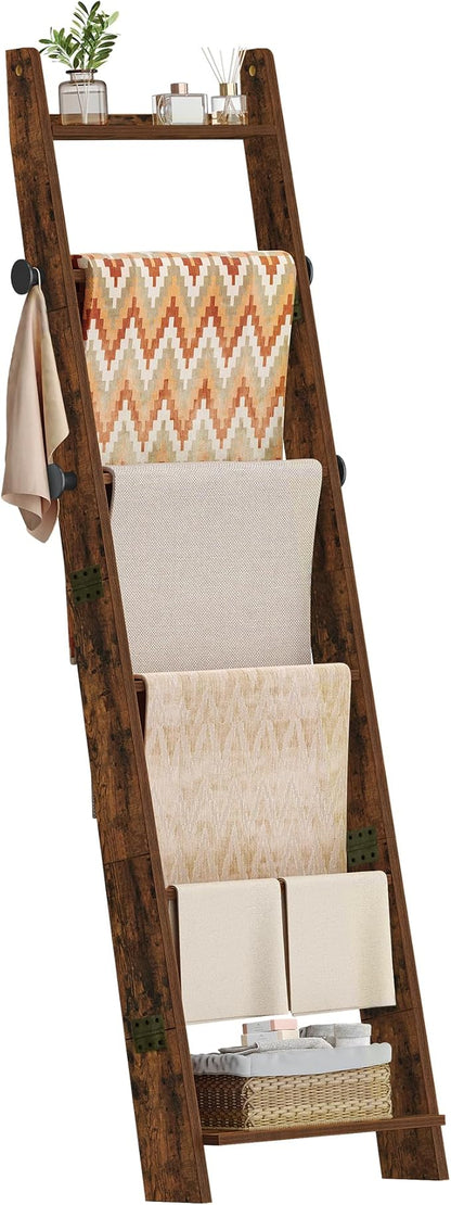 Hzuaneri Blanket Ladder for Living Room, Decorative Quilt Rack with 4 Removable Hooks, 6-Tier Blanket Ladder Shelf for Bedroo