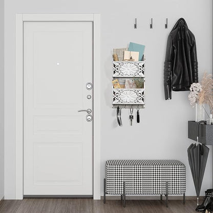 2-Slot Mail Organizer Wall Mount with 4 Hooks, Rustic Key and Mail Holder for Home Decorative, Wooden Key Hangers Wall File O