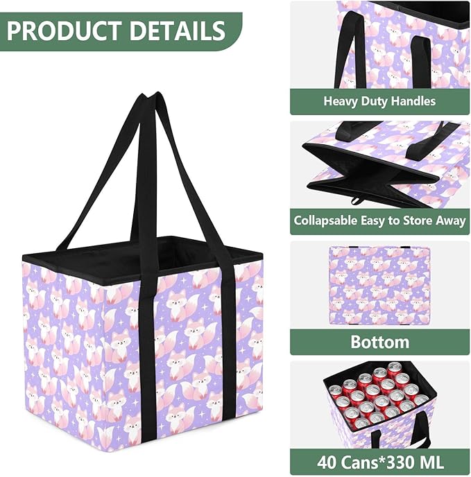 Cute Fox Purple Reusable Grocery Bags Large Shopping Tote Bag with Reinforced Bottom Board, Water Resistant Foldable Storage 