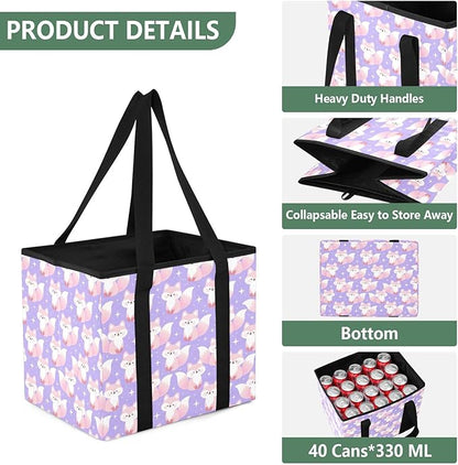 Cute Fox Purple Reusable Grocery Bags Large Shopping Tote Bag with Reinforced Bottom Board, Water Resistant Foldable Storage 