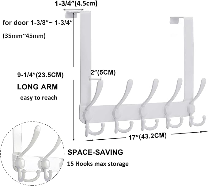 Dseap Over The Door Hook Hanger - Fits 1 3/8" to 1 3/4" Standard Doors | 5 Tri Hooks Heavy Duty Towel/Coat Rack | Door Organi