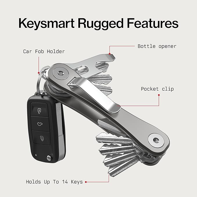 KeySmart Rugged - Multitool Key Holder for Keychain w/Bottle Opener and Pocket Clip, Organizer for Keys, EDC Keychains, Ring 