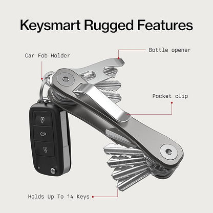 KeySmart Rugged - Multitool Key Holder for Keychain w/Bottle Opener and Pocket Clip, Organizer for Keys, EDC Keychains, Ring 