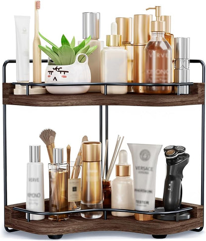 2-Tier Corner Bathroom Counter Organizer with Embedded Screw Holes, Secure & Stable Wood Vanity Shelf for Makeup and Skincare