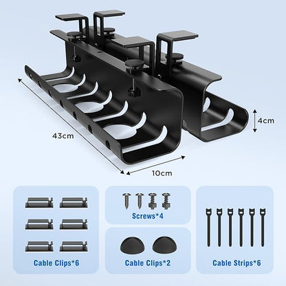 2 Pack No-Drill Under Desk Cable Management Tray 33.8 inch Large Wire Cord Organizers, Cable Management Under Desk for Home and Office No Damage Black