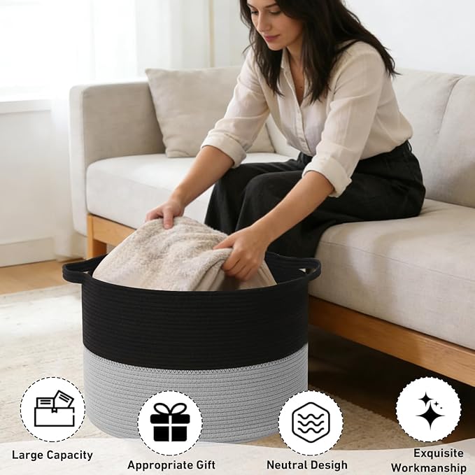 65L Large Blanket Basket, 19.7" L x 19.7" W x 13" H Rope Woven Storage Basket,Laundry Hamper for Toys, Clothes, Pillows,Towel