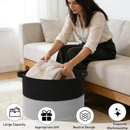 65L Large Blanket Basket, 19.7" L x 19.7" W x 13" H Rope Woven Storage Basket,Laundry Hamper for Toys, Clothes, Pillows,Towel