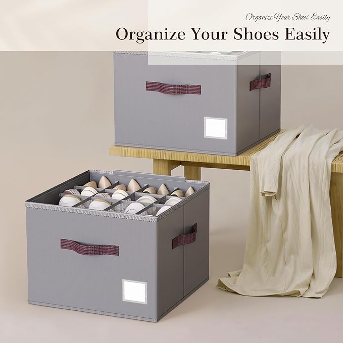 Criusia Shoe Organizer for Closet, 2 Pack Shoe Organizer with Transparent Cover and Sturdy Handles, Closet Shoe Storage for S