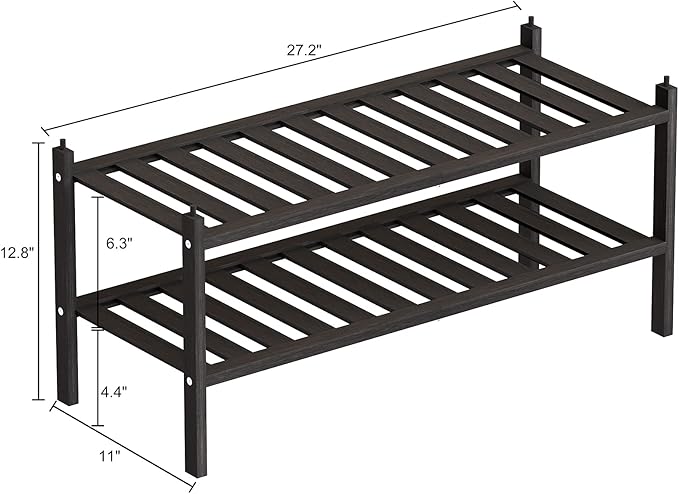 Dranixly Shoe Rack, 2-Tier Bamboo Stackable Shelf Storage Organizer, Stand for Closet, Entryway and Hallway （Black）