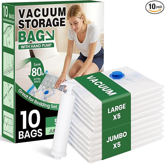 Vacuum Storage Bags,10Pack Vacuum Seal Bags for Clothing,Bedding,Clothes,Comforters,Blankets,Pillows-5 Jumbo+5Large Space Bag