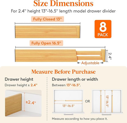 Lifewit 2.4" High 8 Pack Bamboo Drawer Dividers 33-42cm/13-16.5" Adjustable Wooden Drawer Organizer for Clothes/Utensils, Exp