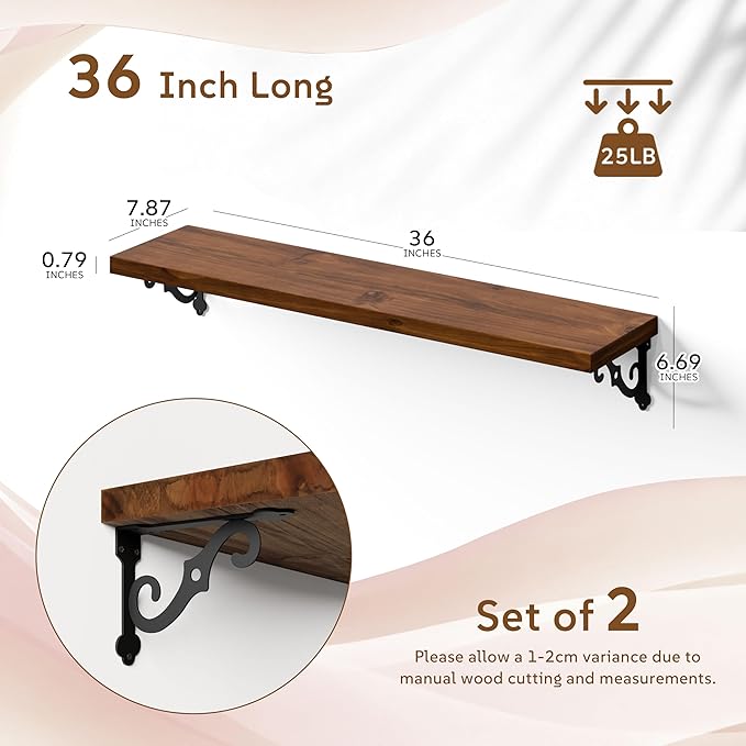 Solid Wood Floating Shelves for Wall with Metal Brackets,2 Tier 36 inch Pinewood Wall Shelf,Suitable for Multiple Places Such