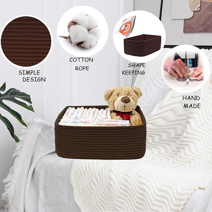 COMFY-HOMI 13" x 8.5" x 5.1" Storage Baskets for Organizing | Cotton Rope Woven Basket | Toy Storage Bin Box | Basket for She