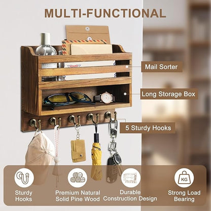 Mail and Key Organizer for Wall – Key Holder Wall Mount with Storage Box and 5 Key Hooks, Mail Holder Wall Mounted for Entryw