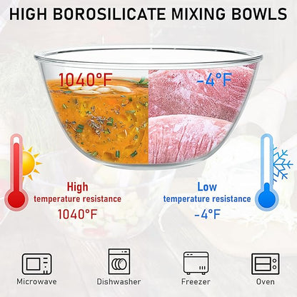 Glass Mixing Bowls with Lids Set of 3(4.4QT,2.7QT,2.1QT),Thick Glass Bowls Clear Salad Bowl Nesting for Baking,Cooking,Serving, Food Prep,Storage,Dishwasher Microwave Freezer Safe